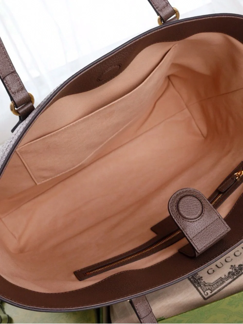 Gucci Beige GG Supreme Tote with Green and Red Web Stripe and Brown Trim(no box)